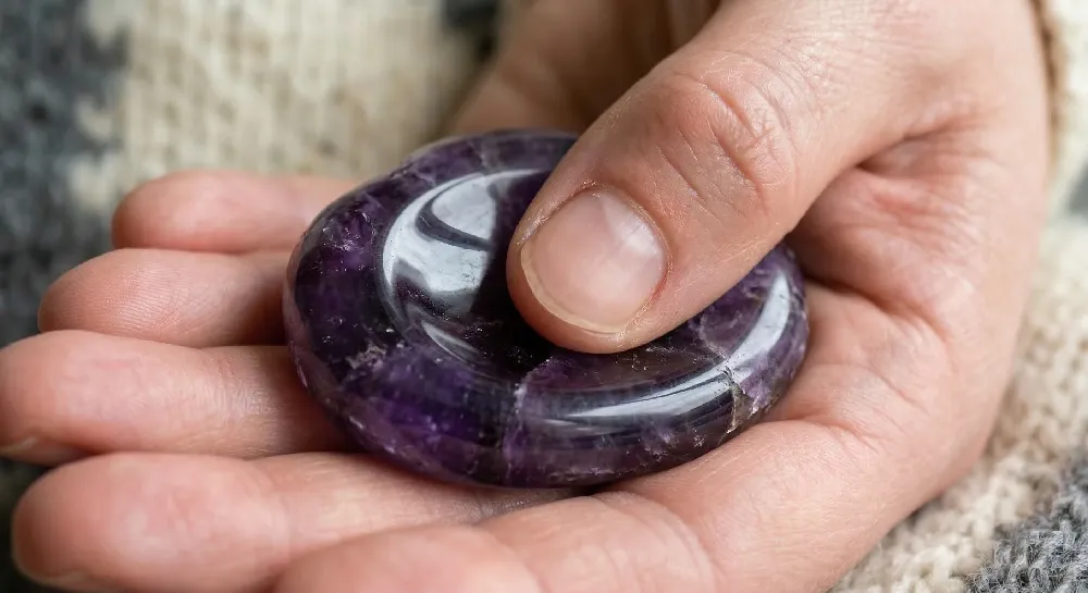 Close-up of amethyst worry stone showing thumb indentation